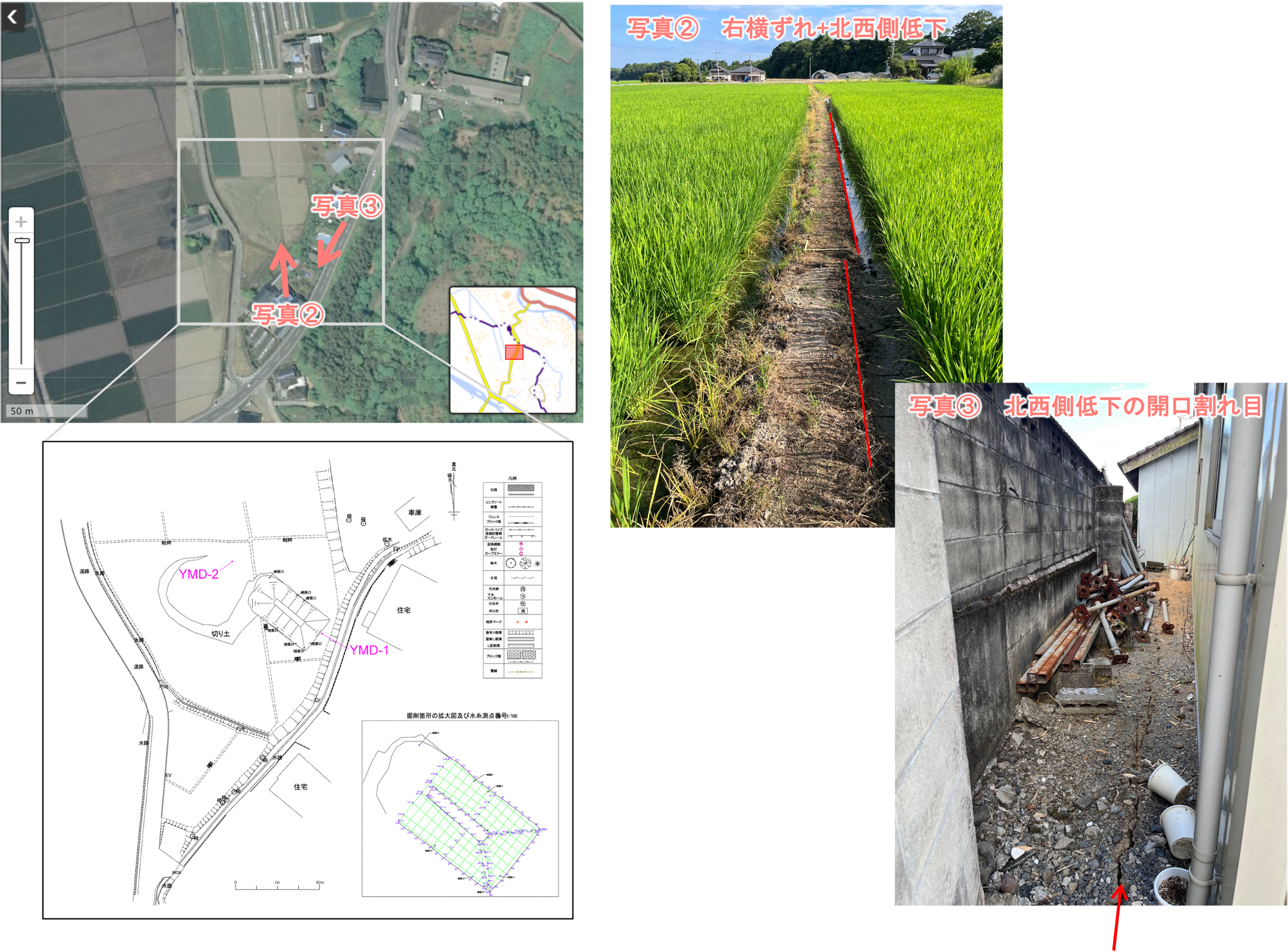 図3 山出トレンチ(甲佐町白旗)の調査結果(つづき)
左上、左下:図2と同じ。右上:図2右下写真の人物の足下。田んぼの畦が右横ずれ(12 cm)しており、水の溜まり方から北西側が低下(2 cm)していることが分かる。右下:田んぼ東側に隣接する民地の物置の東側および周辺には、多数の北西側低下を示す開口割れ目が認められる。