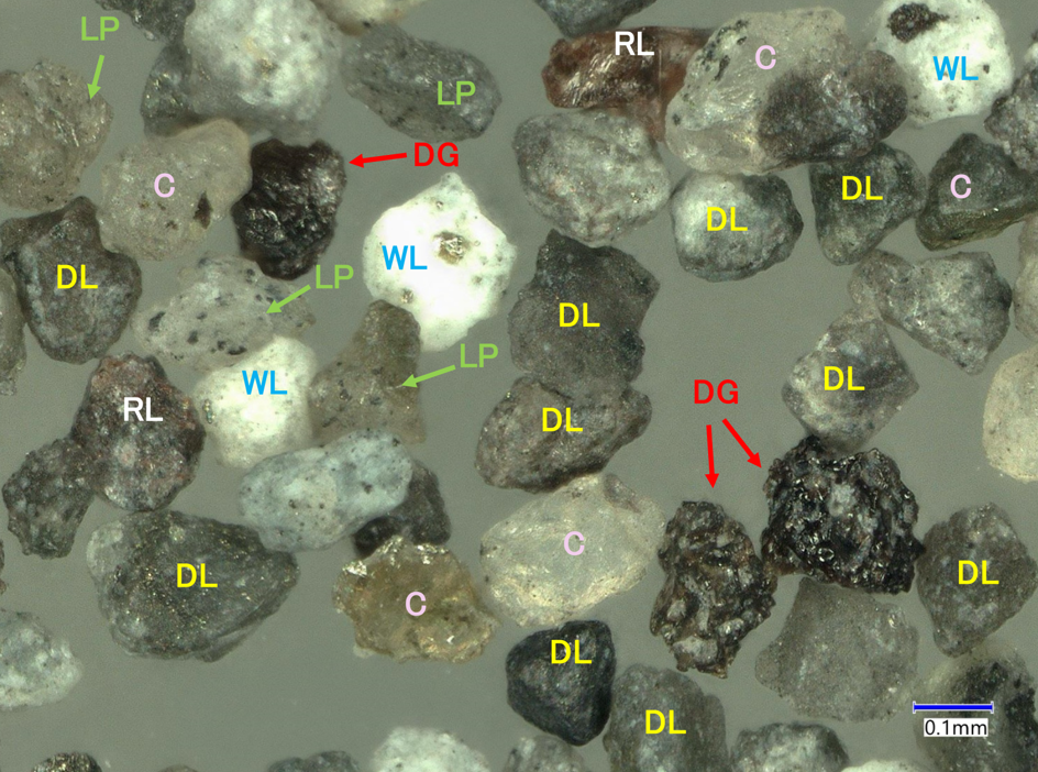 2025年6月22日に気象庁により宮崎県西諸県郡高原町において採取された火山灰の構成粒子写真。